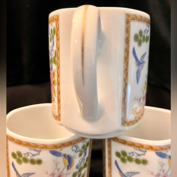 Homco Japan 4 Mugs Cups Hexagon Gilded Peonies Bluebirds Bridgerton China Gift - Picture 6 of 17